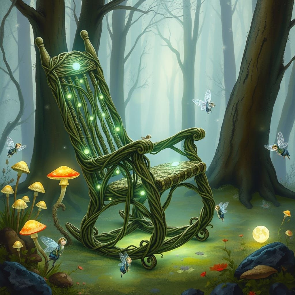 Bioluminescent Rocking Chair in Enchanted Forest, Watercolor...