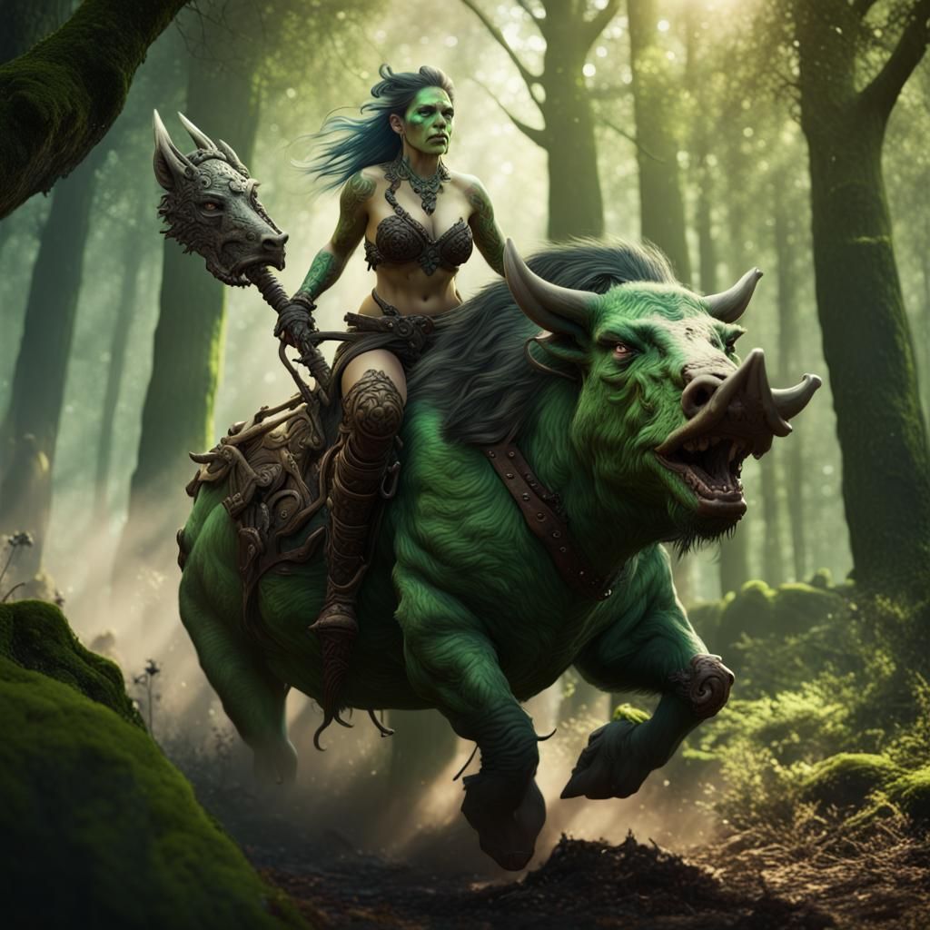 Orc Woman on Boar in Forest: Fantasy Art