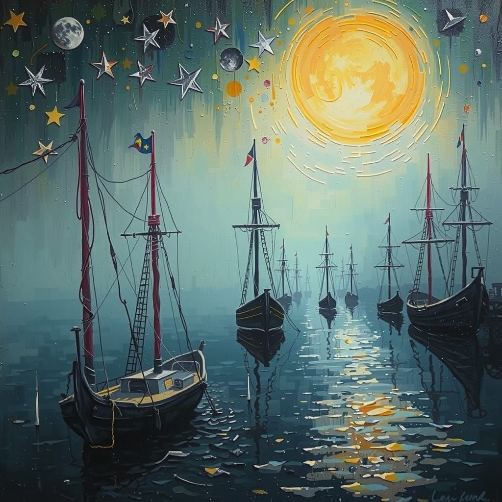 Foggy Port Scene with Indifferent Moon