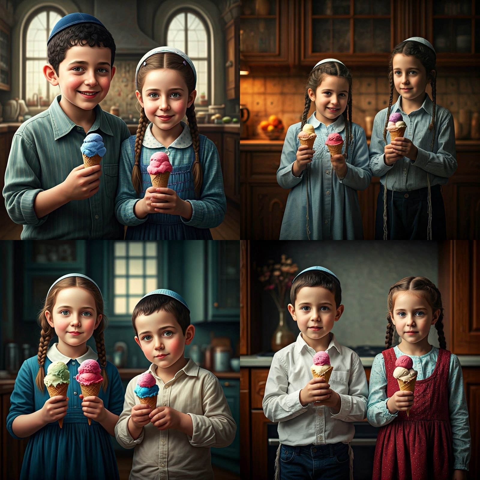 Joyful Haredi Children Enjoy Colorful Ice Cream in Cozy Kitc...