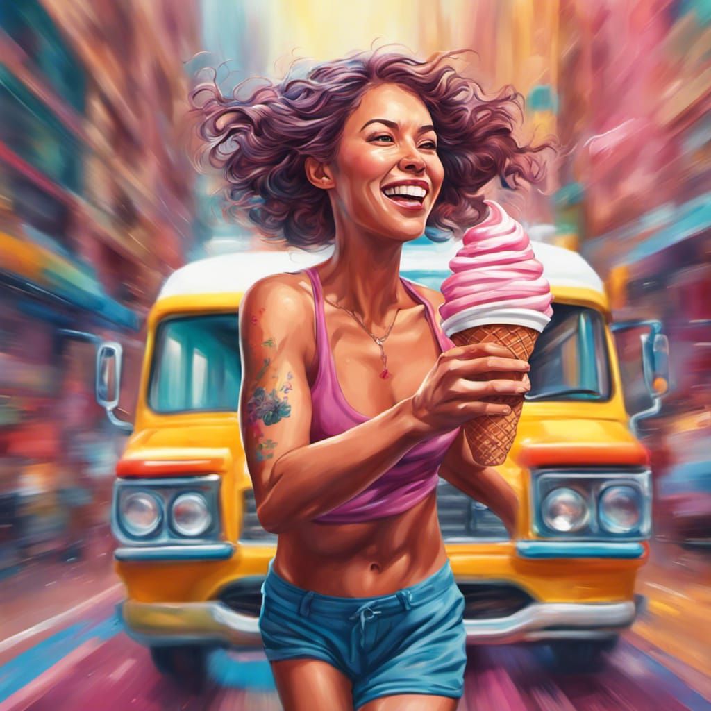 Woman Jogging After Ice Cream Truck in Splash Art Style