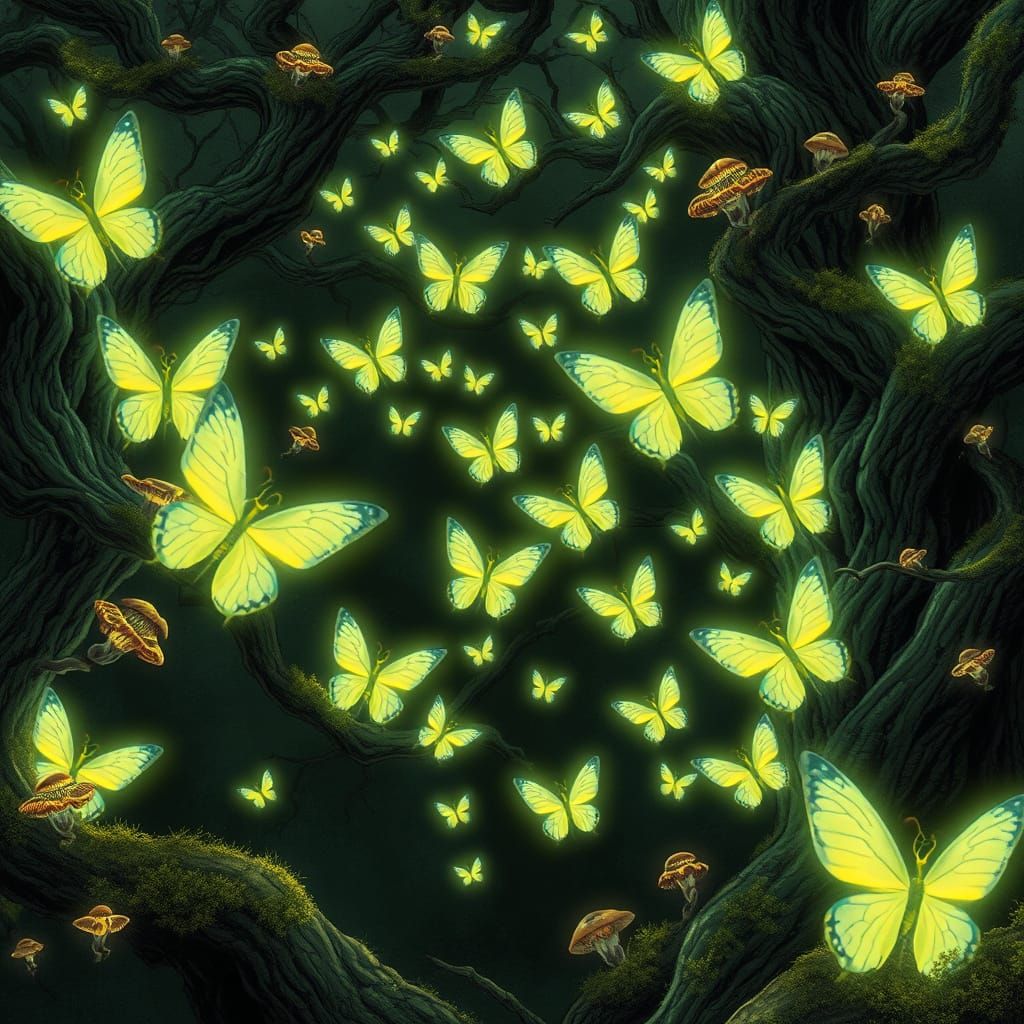 Bioluminescent Butterflies Illuminate Enchanted Forest, Moeb...