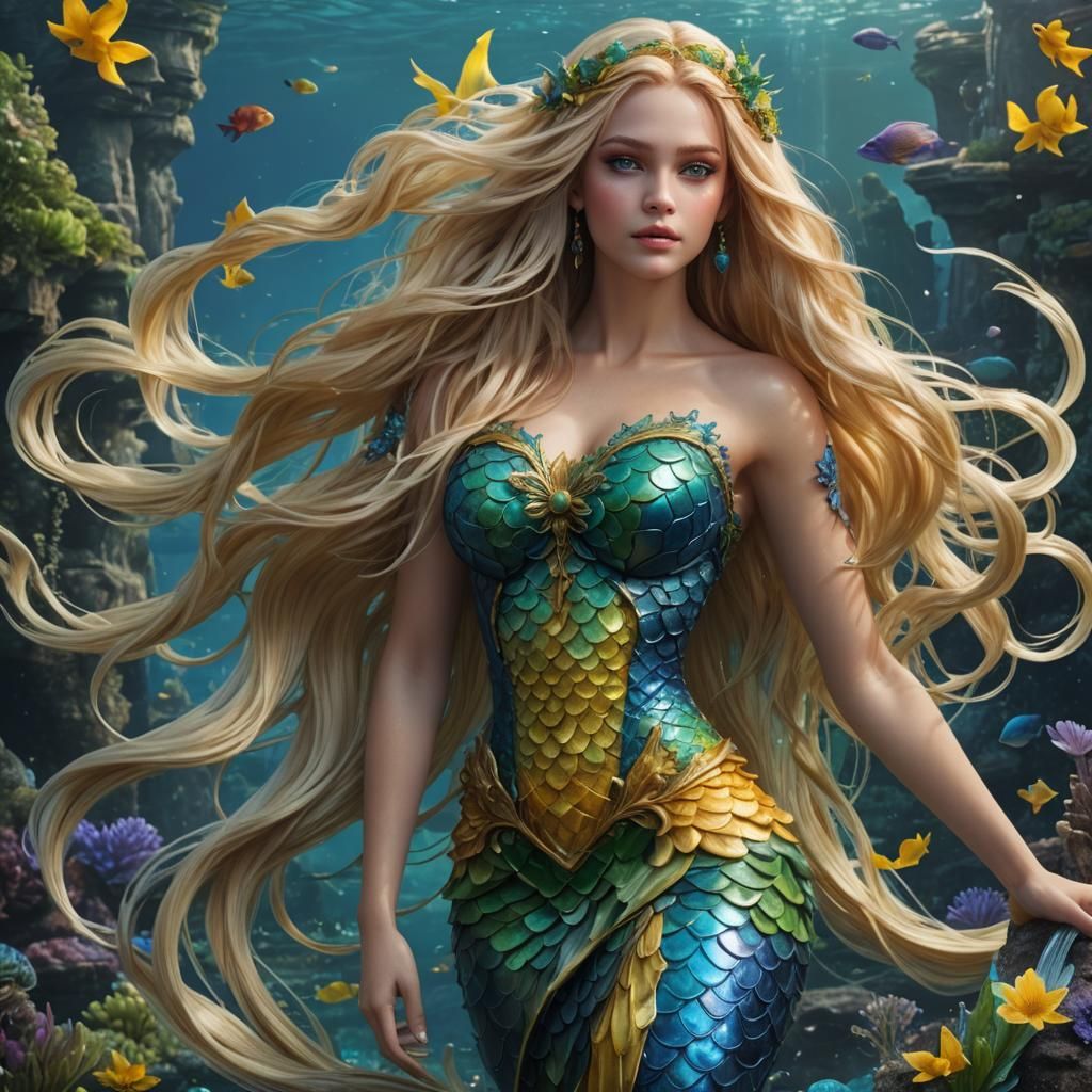 Elegant mermaid in hues of blue, yellow and green, long blon...
