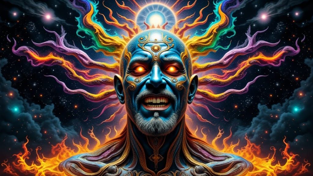 Fractal-Faced Shaman in Galaxy, Ethereal Fantasy Art