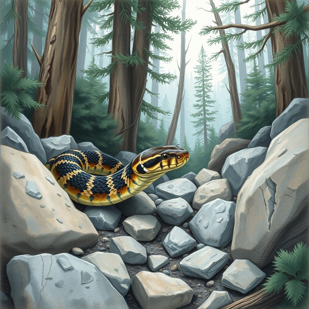 Eastern Copperhead in Rocky Forest: Pastel Drawing