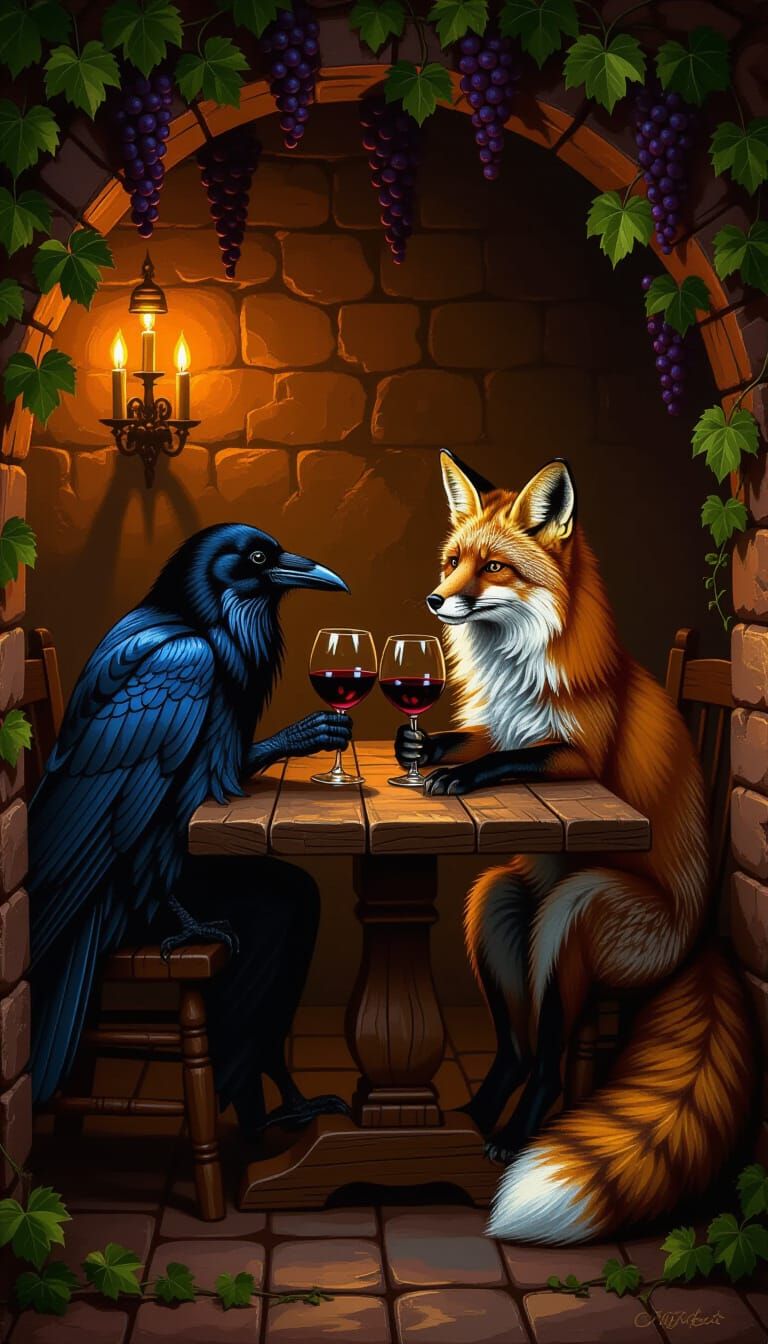 Raven and Fox Toasting Wine in Candlelit Cellar