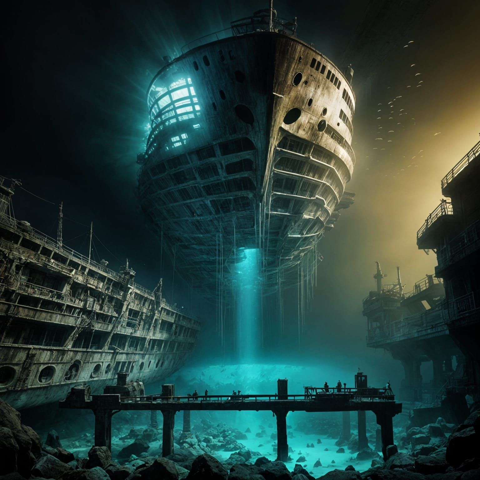 Sunken Cruise Ship in Giger Hypermodernism Style