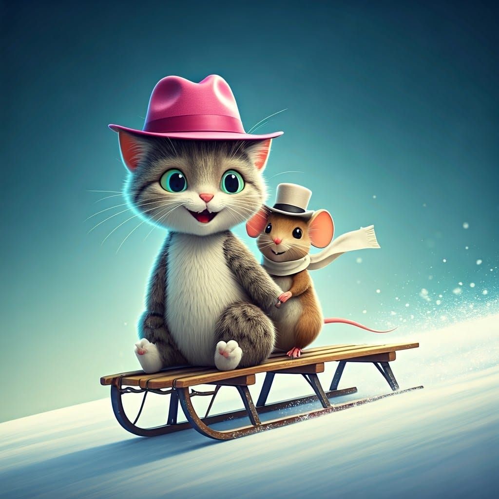 Joyful Ragdoll Cat Speeds Down Snowy Hill in Vintage Sled