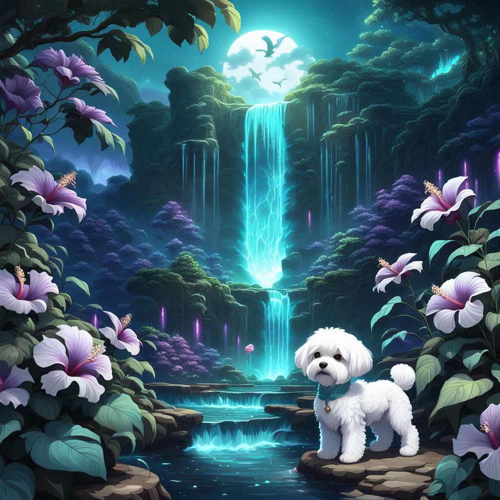 Luminous Night Jungle Waterfall with Anime Bichon