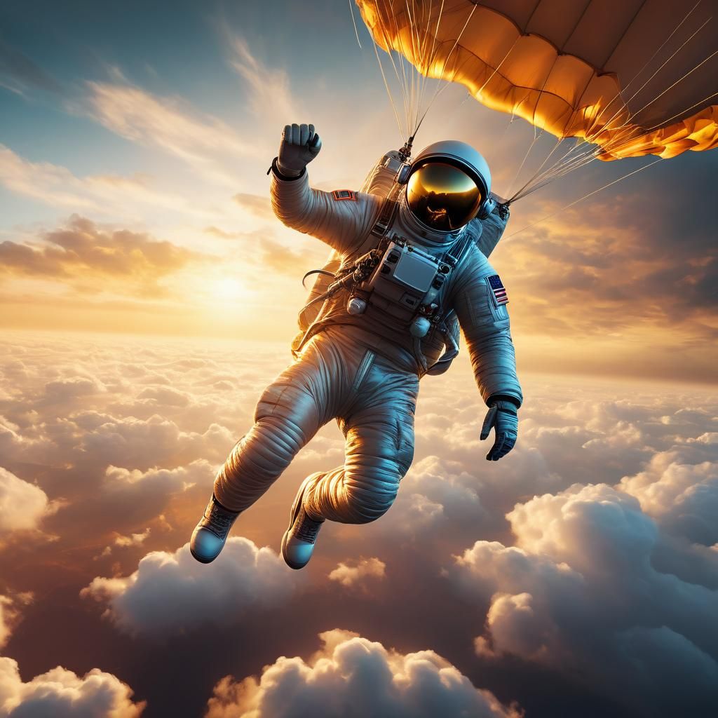 Astronaut Parachute Descent: Golden Sunset Oil Painting