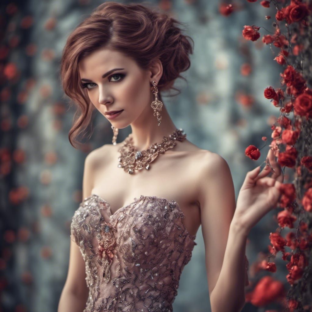 Elegant Woman in Ornate Prom Dress Portrait