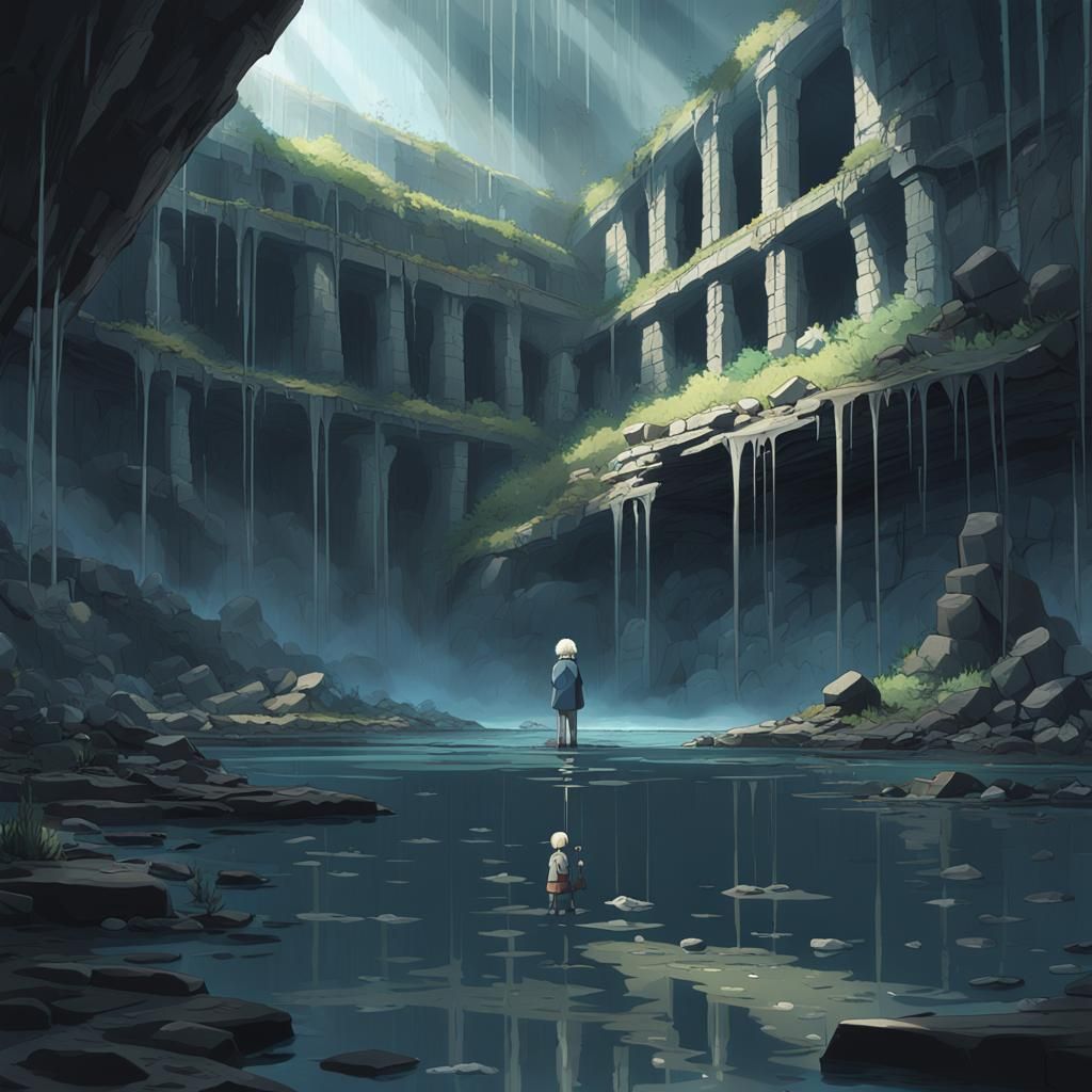 Gloomy Underground Ruins: Child in Dark Anime Style