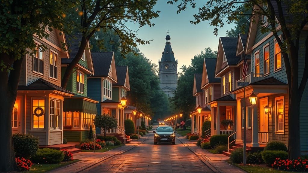 Warm Cozy Neighborhood Scene in Dreamy Light
