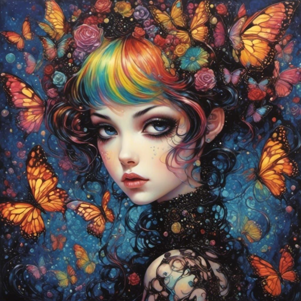 Goth Anime Fairy Burlesque with Rainbow Butterflies