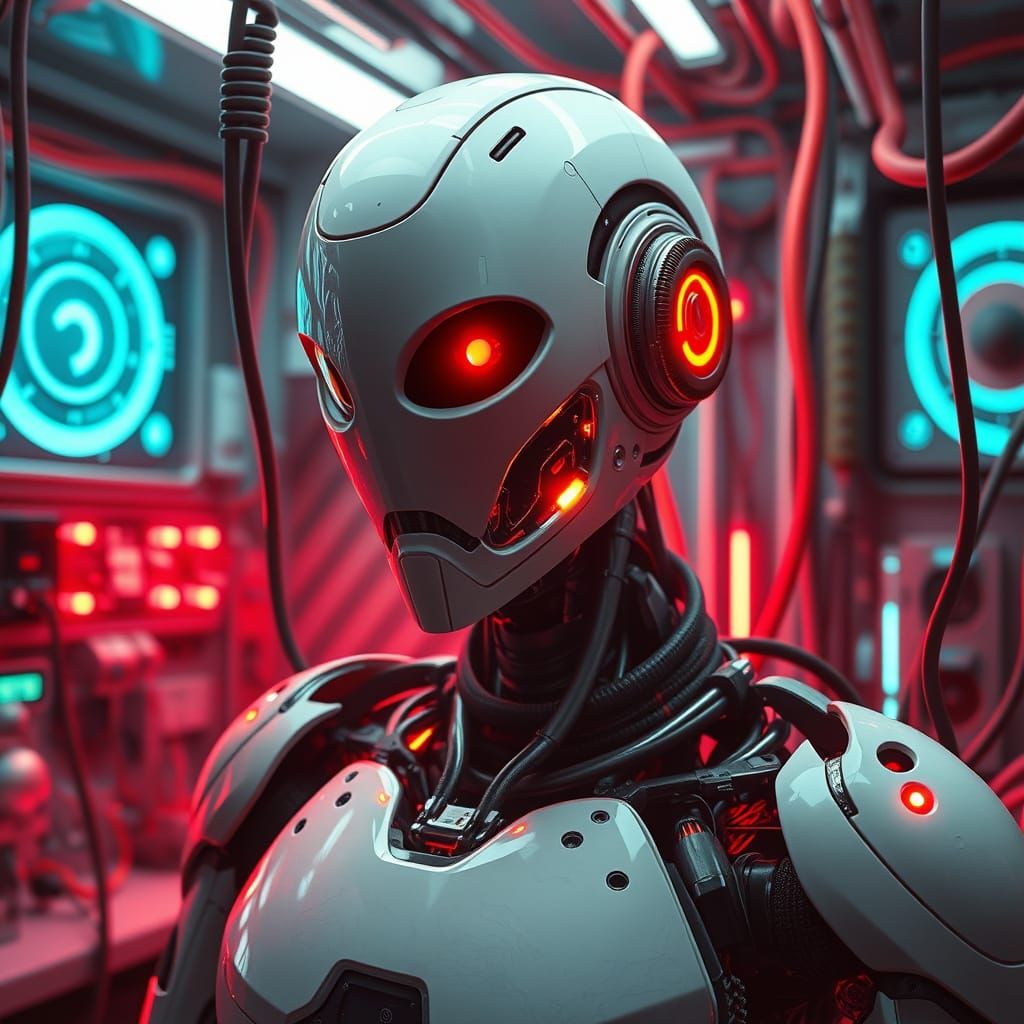 Futuristic Robot in Neon Laboratory: A Digital Rendering