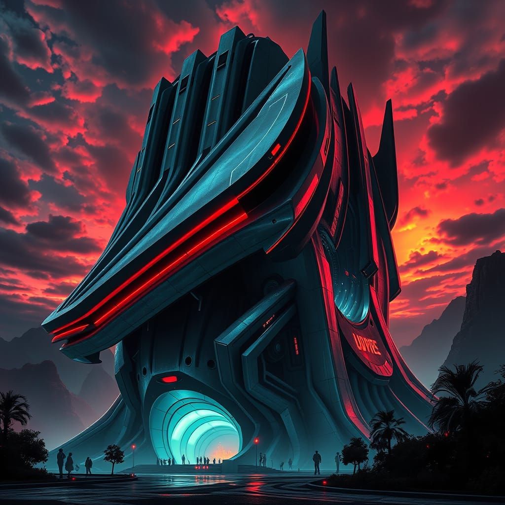 A massive structure blending curves with sharp angles.