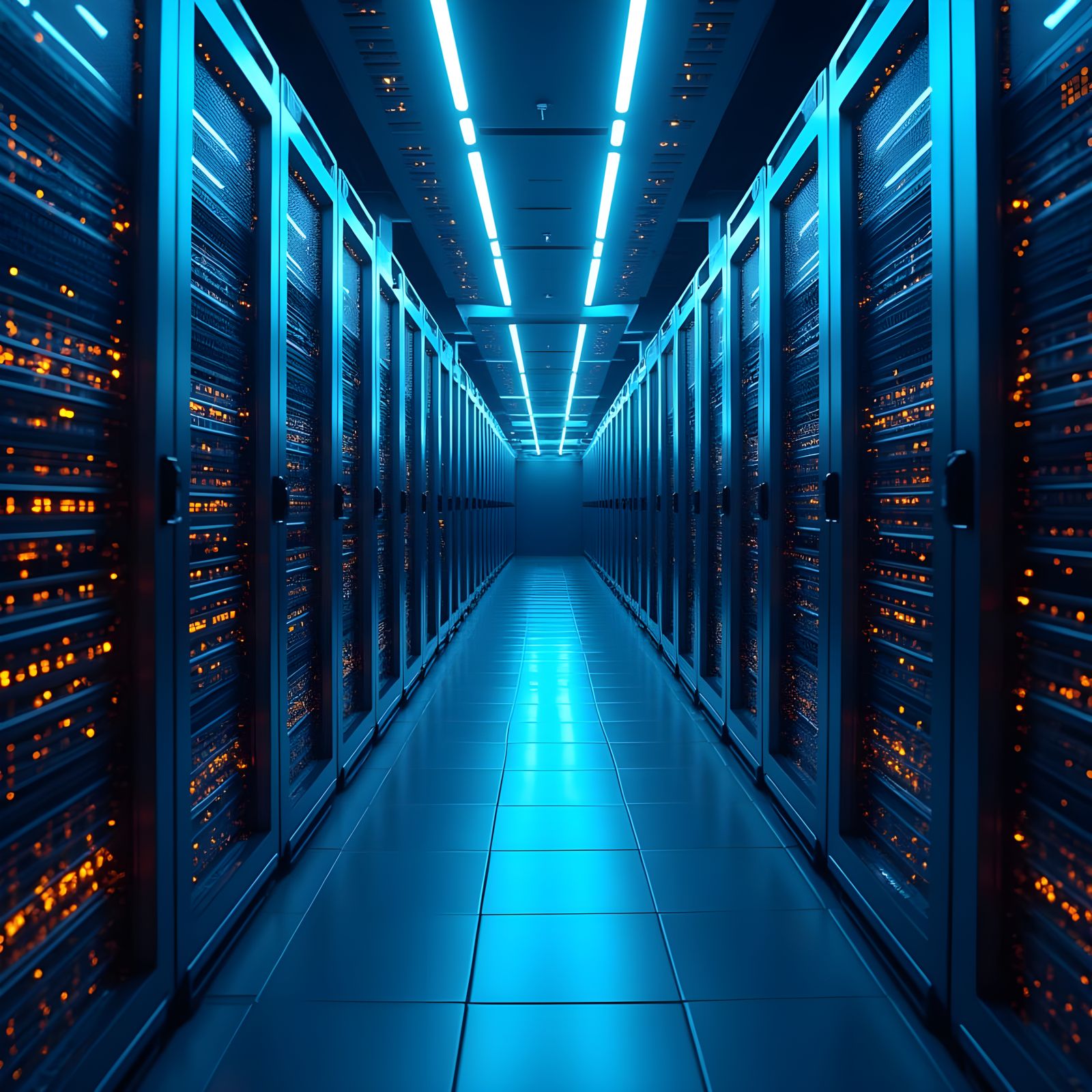 Futuristic Cyberpunk Data Center Interior with Glowing Serve...