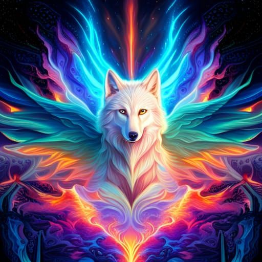 Astral Blue Fire Wolf with Dragon Wings
