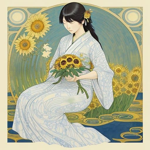 Ethereal Japanese Goddess Amidst Sunflowers in Dreamy Waterc...