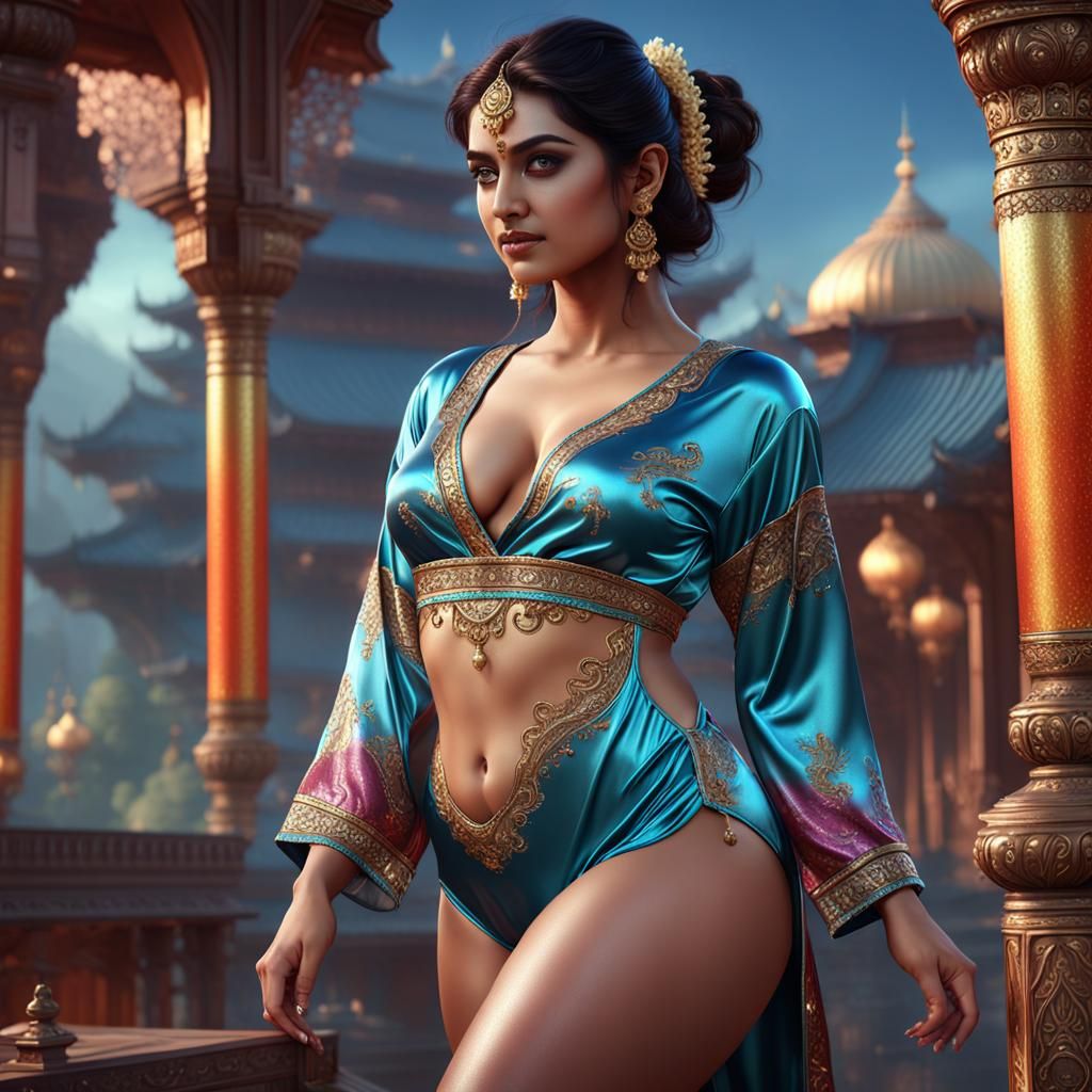 Curvy Indian Beauty in Satin Pajamas