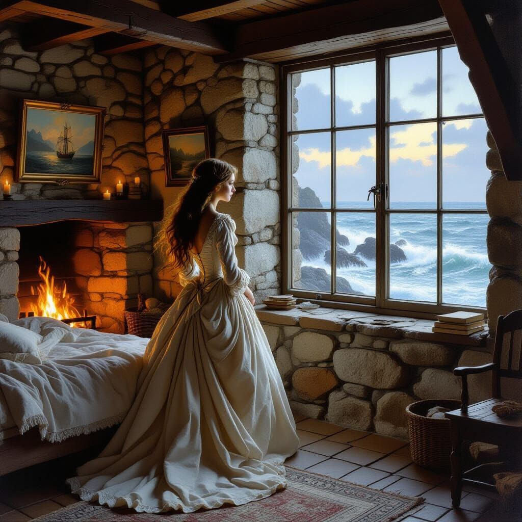 Regency Woman Gazes at Sea from Cottage Window