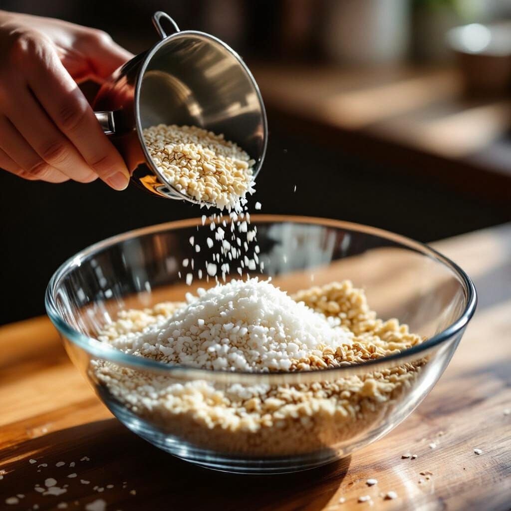 Hand Pours Baking Ingredients into Bowl in Warm Kitchen