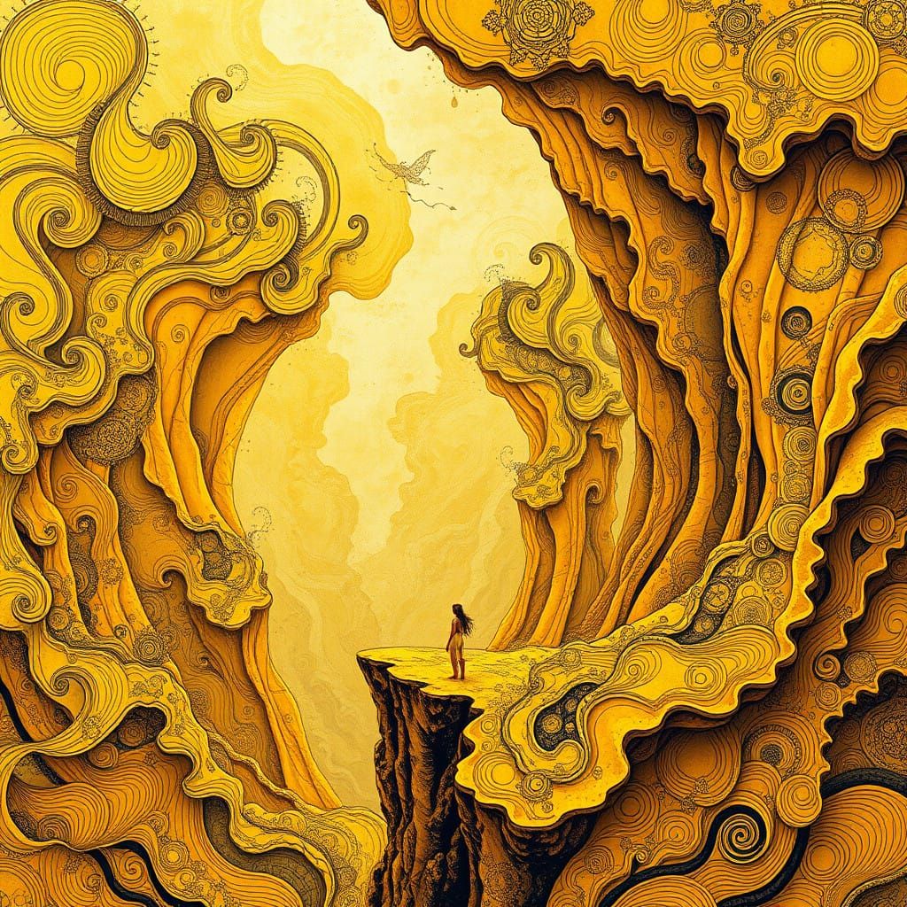 Surreal Canyon Figure in Vibrant Zentangle Style