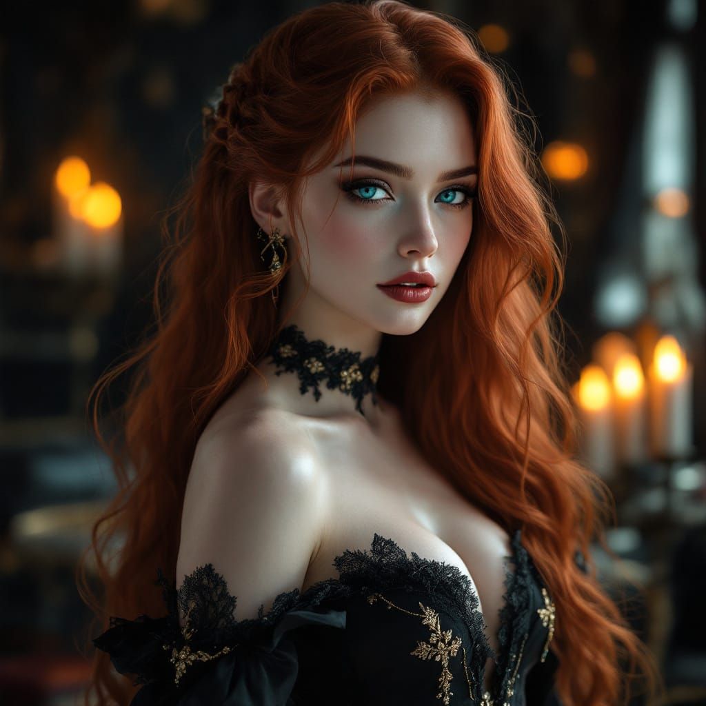 Elegant Gothic Portrait of a Crimson-Haired Woman
