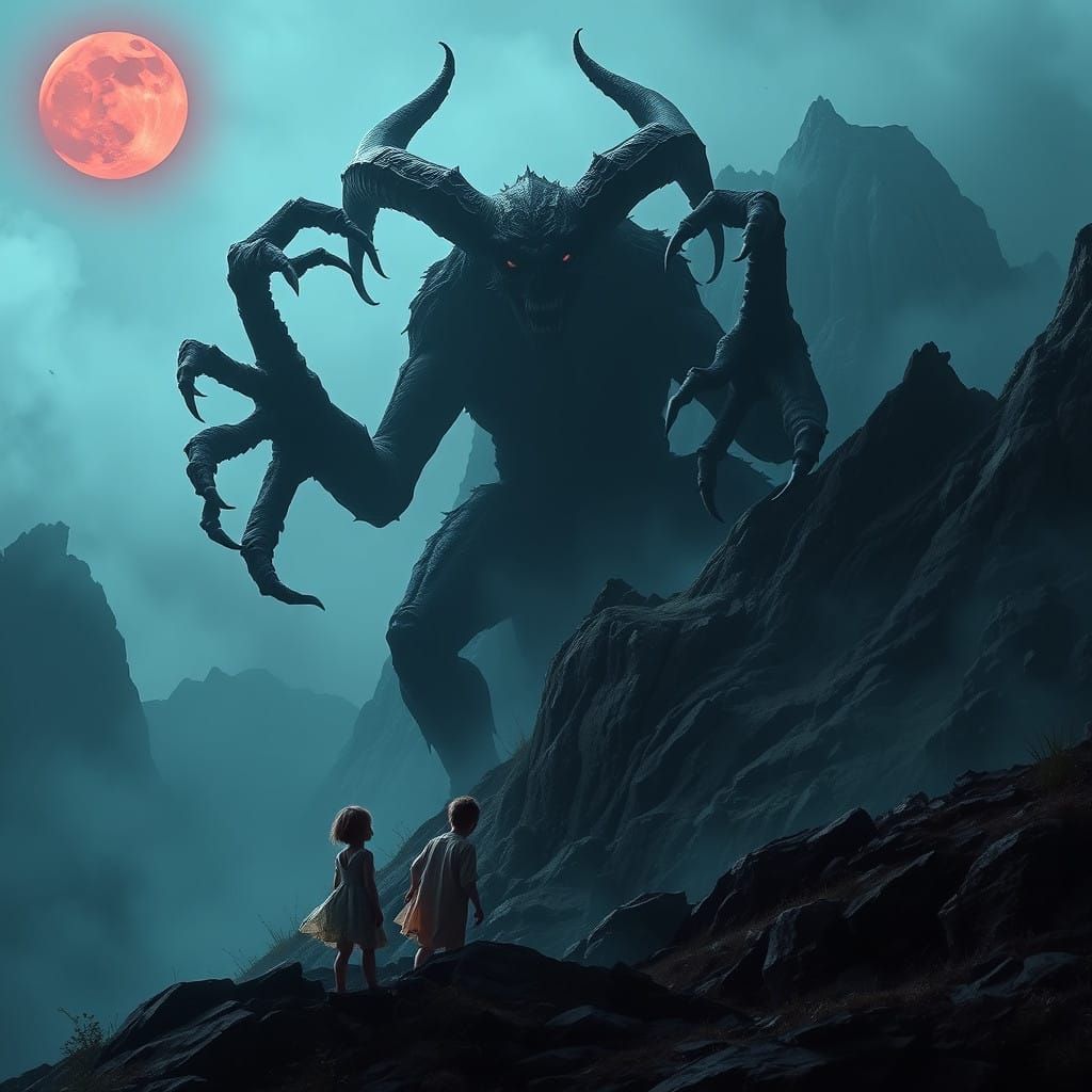 Gothic Demon Emerges from Shadowy Mountain, Threatening a Co...