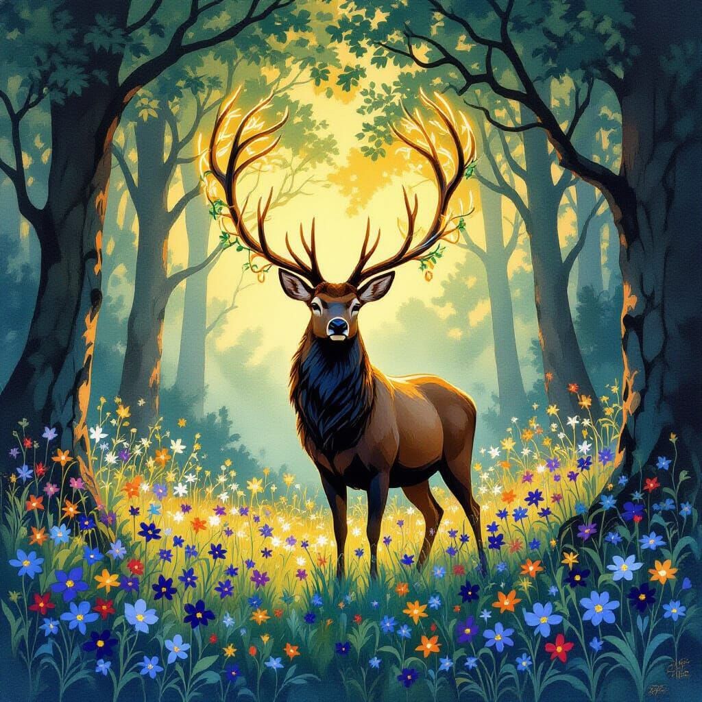 Majestic Stag with Glowing Vines in Sunlit Forest Clearing