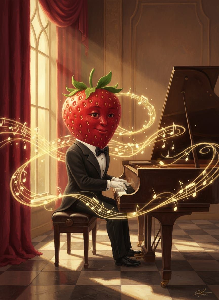 Dapper Strawberry Plays Piano in Dreamlike Digital Painting
