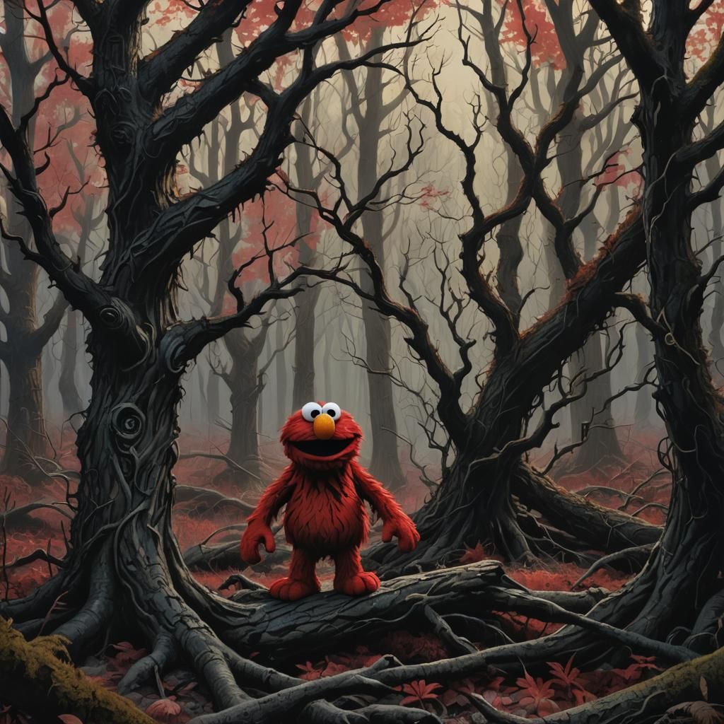 Elmo in Eerie Forest: Dark Fantasy Art