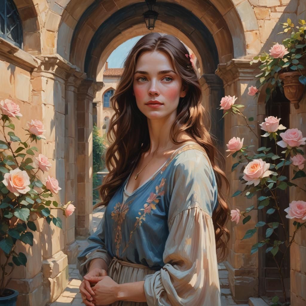 Woman with Rose in Impressionistic Courtyard
