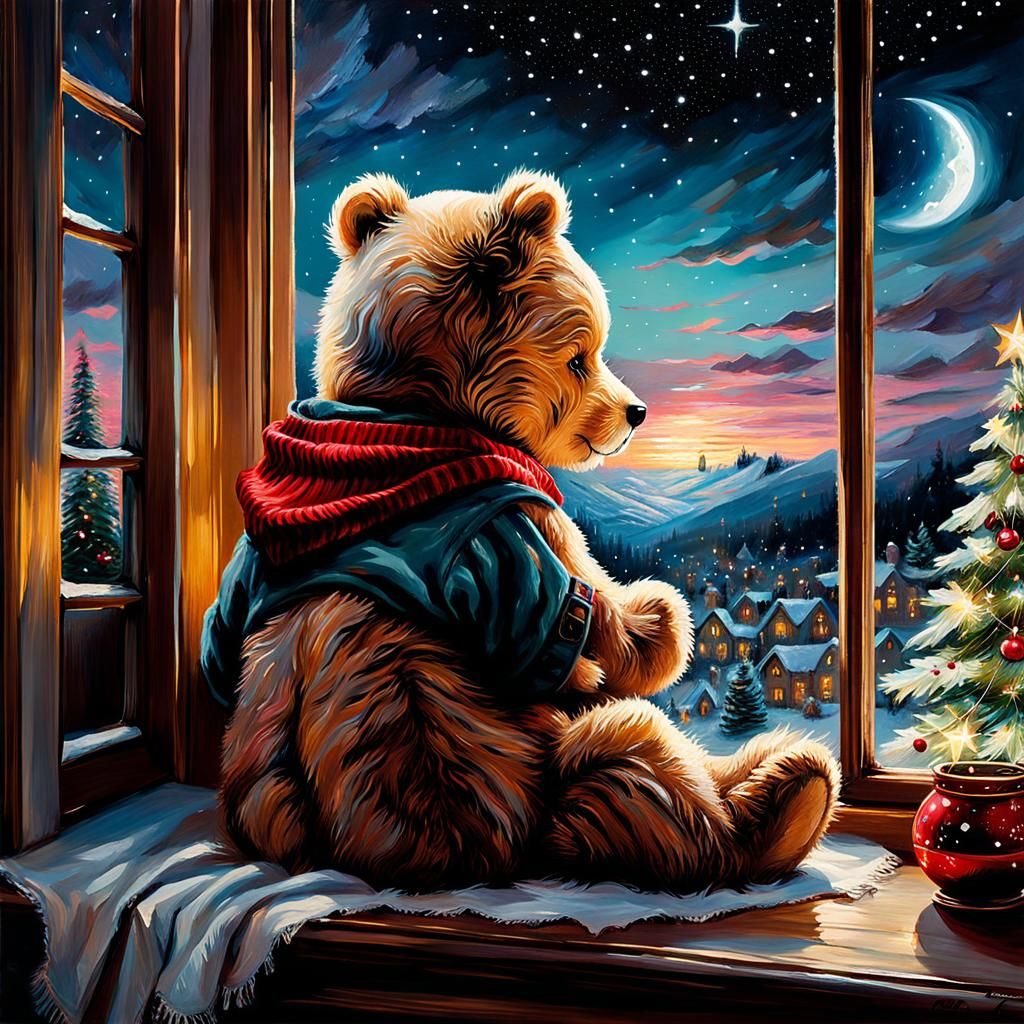 Dreamy Christmas Night Teddy Bear Illustration