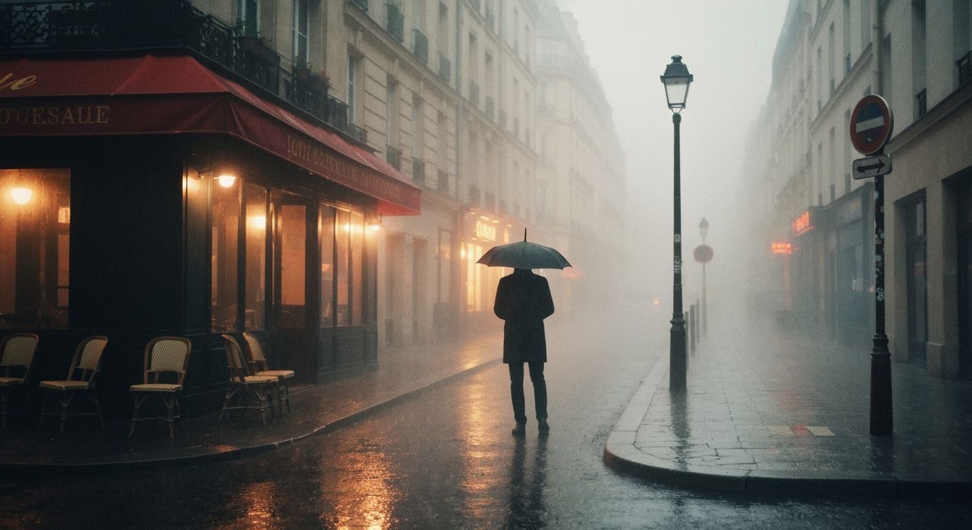 Rainy Paris Street Scene in Nostalgic Style