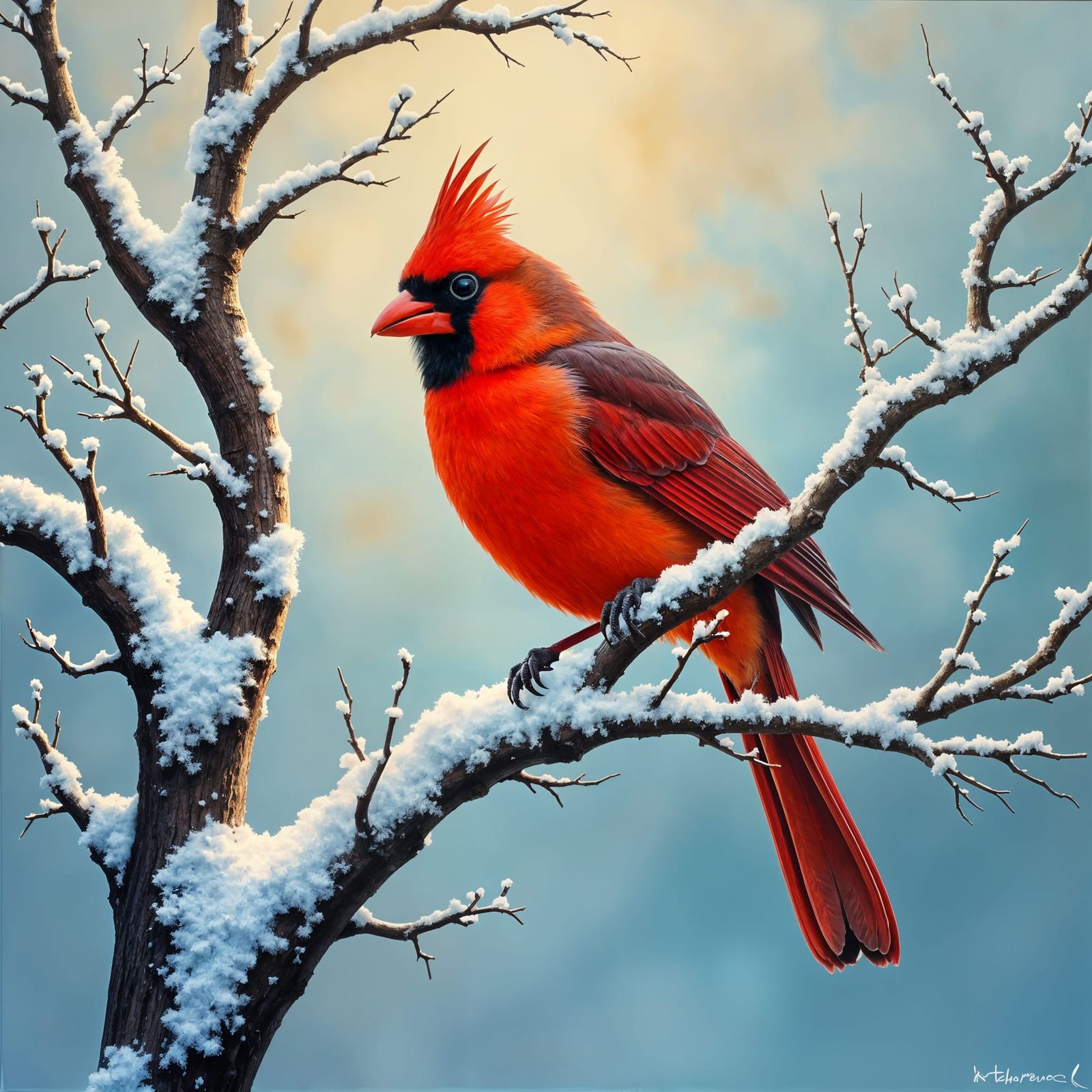Majestic Cardinal on Winter Branch: Award-Winning Painting