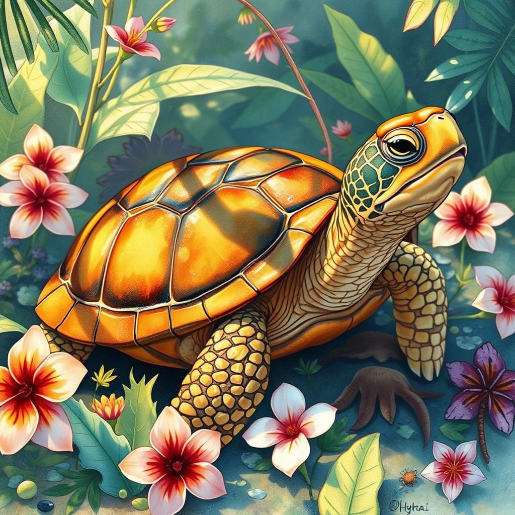 Turtle in Whimsical Japanese Watercolor Style