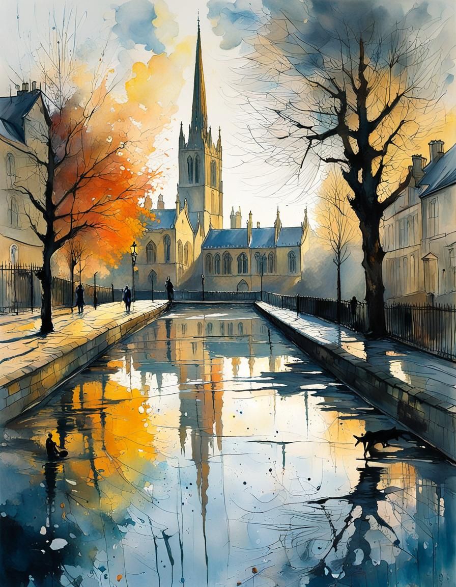 Oxford Sunrise Reflection: Pointillist Impression, Whimsical...