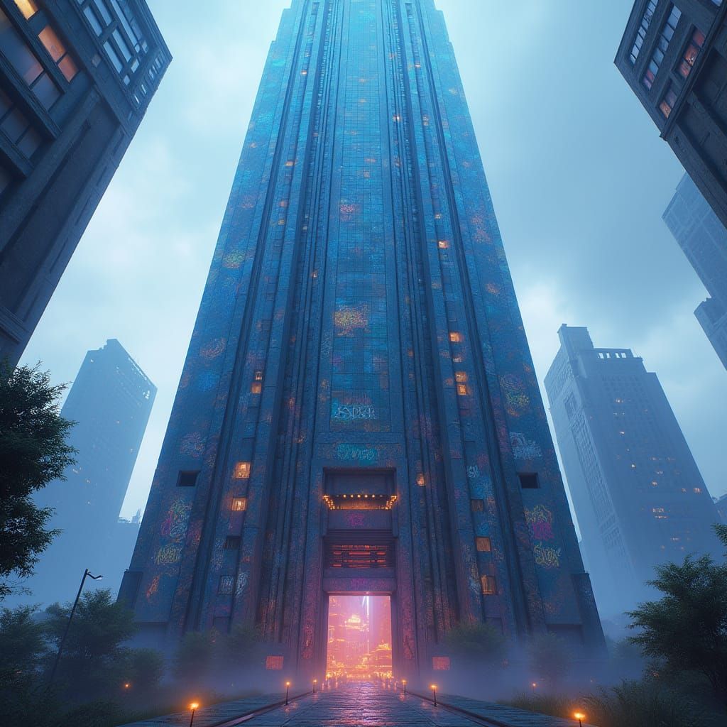 Epic Blue Skyscraper in Cyberpunk Style