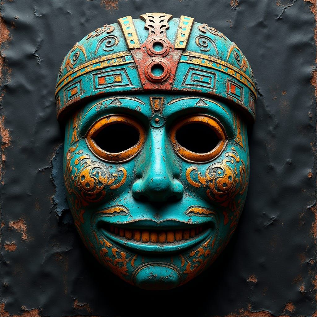 Ancient Mayan Death Mask in Vibrant, Pop-Art Style