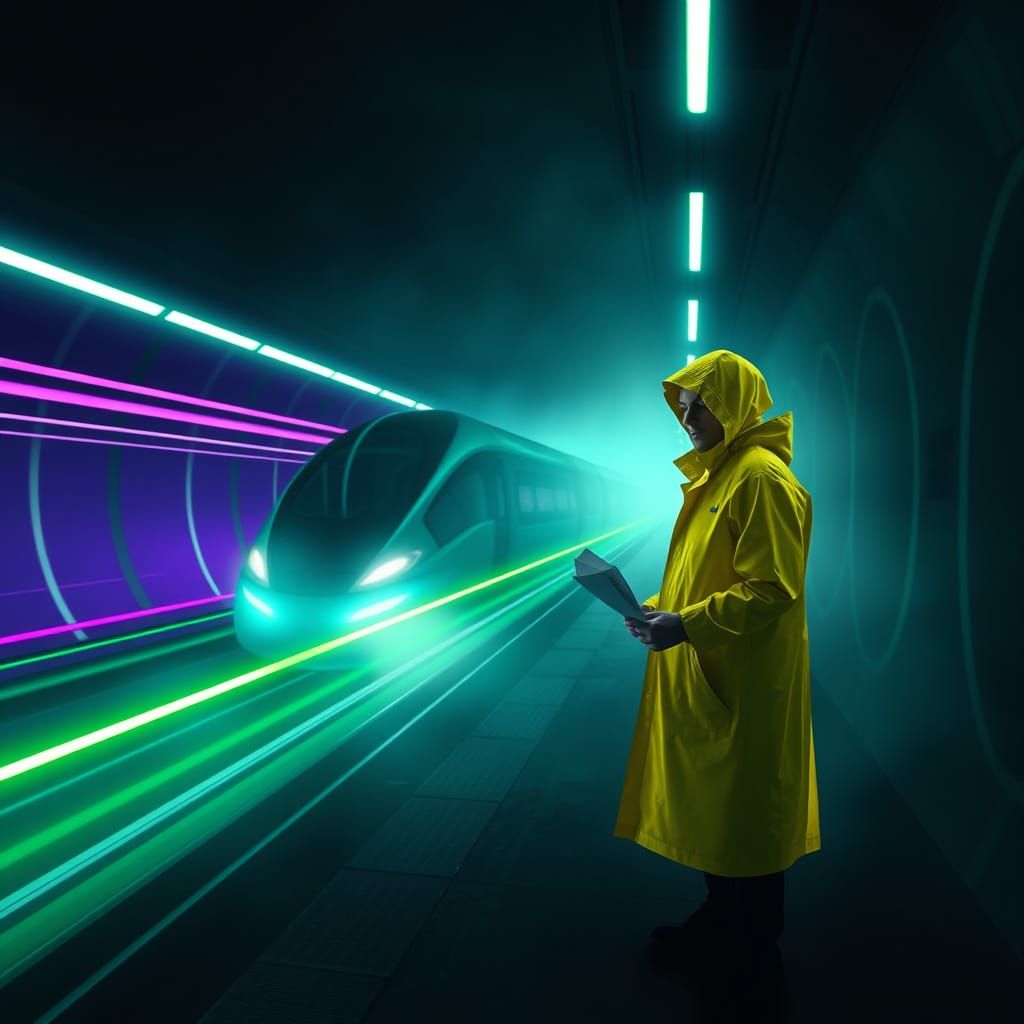 Futuristic Maglev Train in Cyber-Noir Tunnel