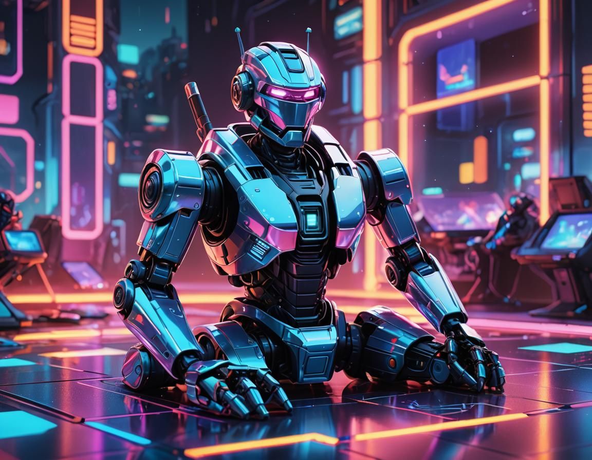 Toy Robot on Holographic Mat in Sci-Fi Style
