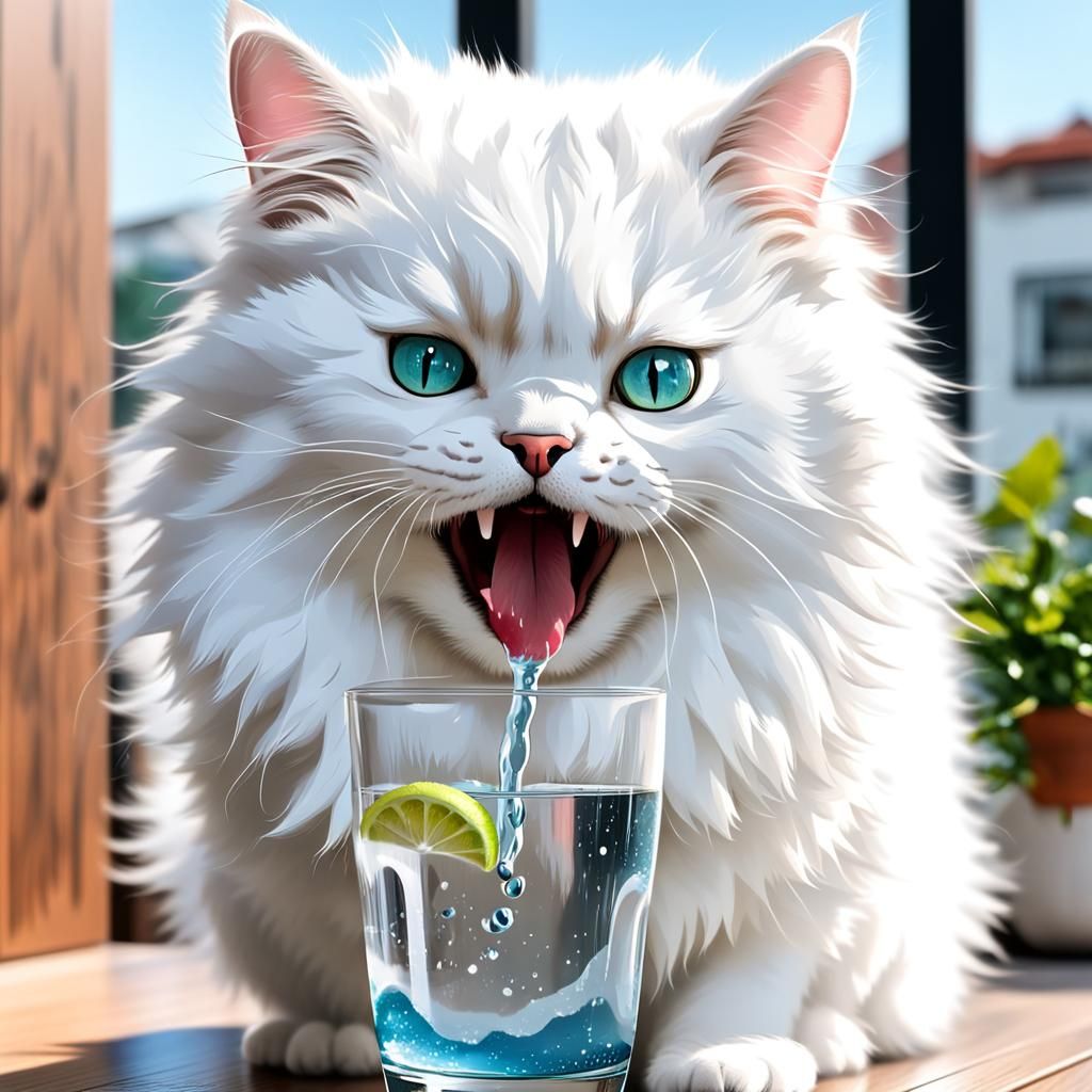 Fluffy White Cat Drinking Water from Glass