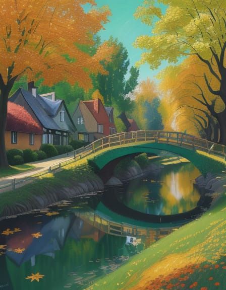 Vibrant Autumn Village in Impressionist Style