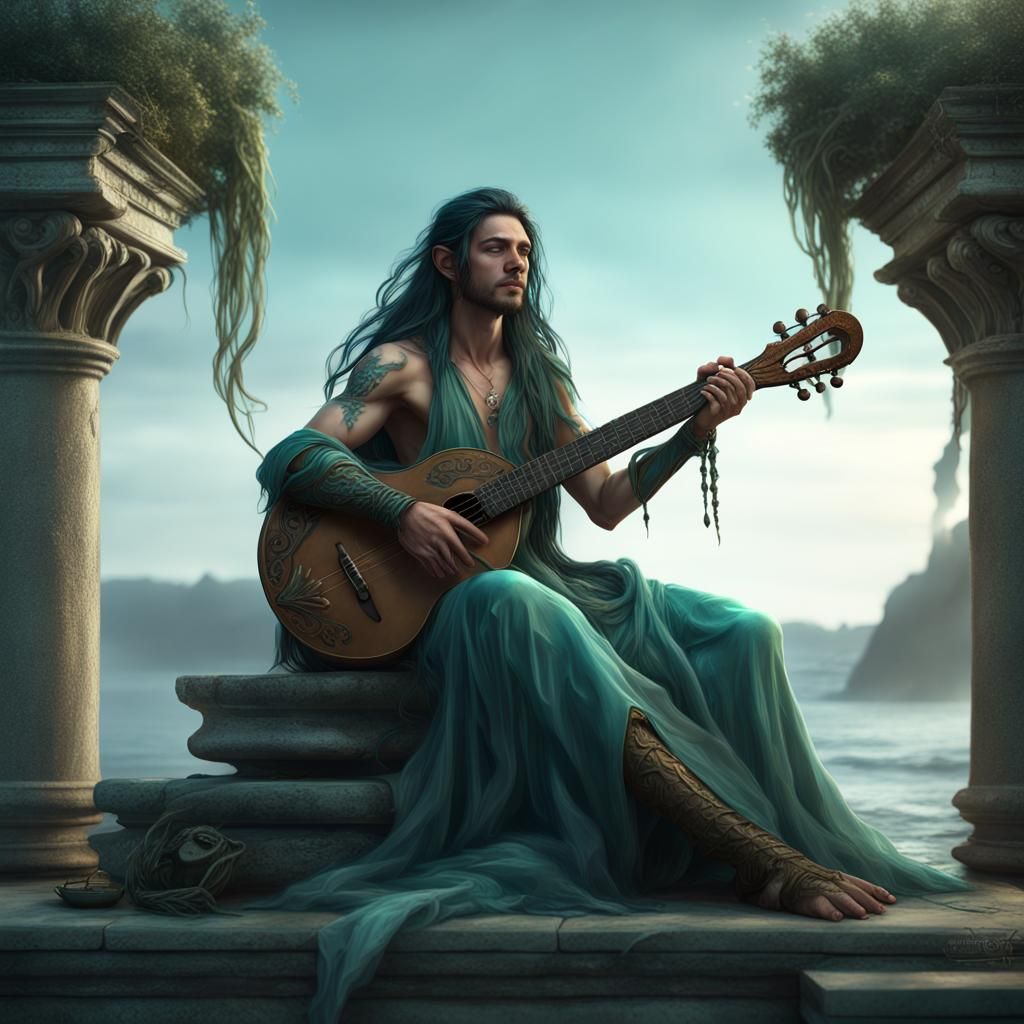 Androgynous Sea Elf Playing Lute in Fantasy Art