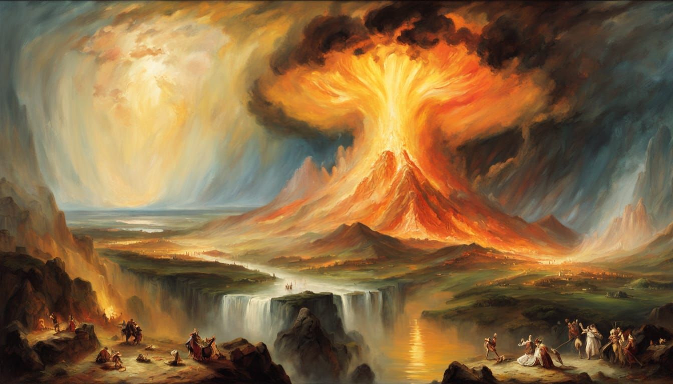 Epic Fantasy Oil Painting of a Cataclysmic Volcanic Eruption