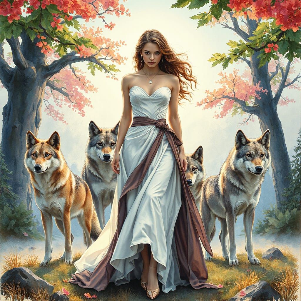 Woman Surrounded by Wolves in Vibrant Landscape