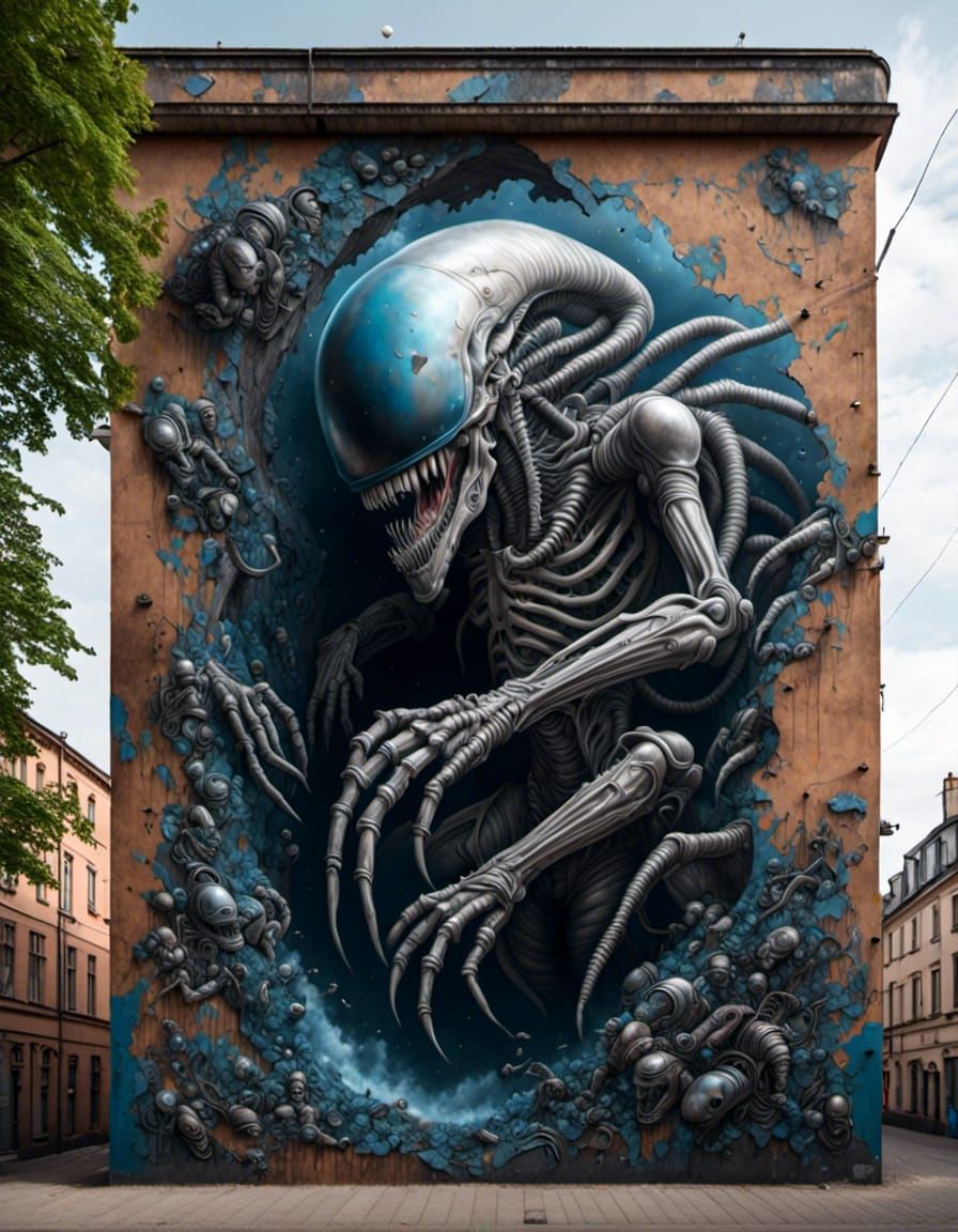 Xenomorph Trompe-l'oeil Mural in Steampunk Graffiti Style