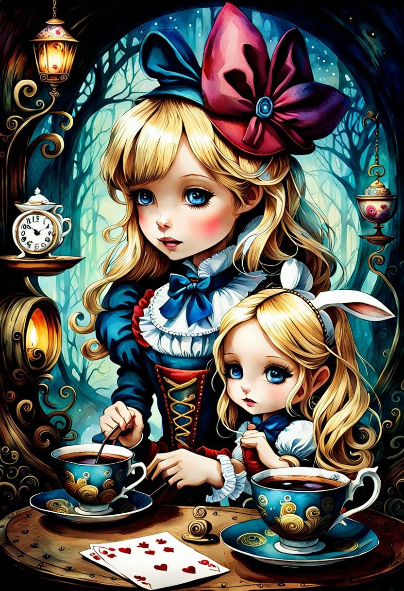 Chibi Alice in Wonderland Watercolor Fantasy