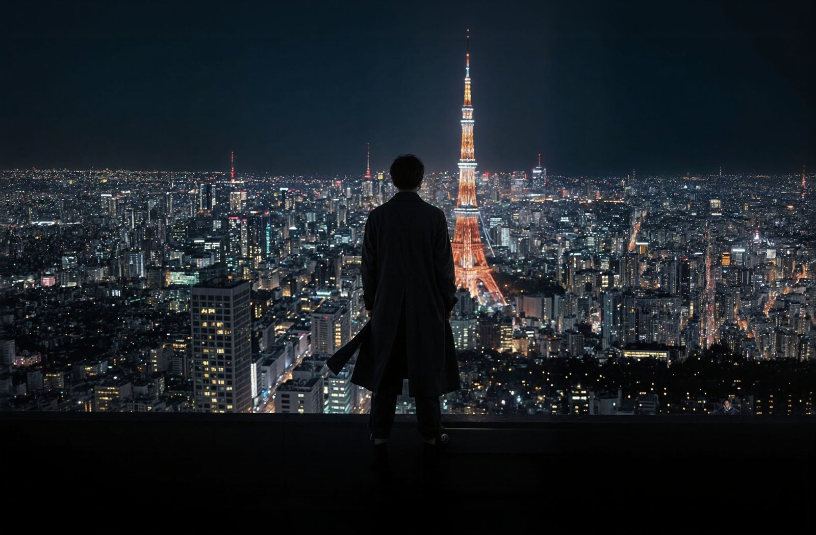 Man in Long Coat Views Tokyo Night Skyline